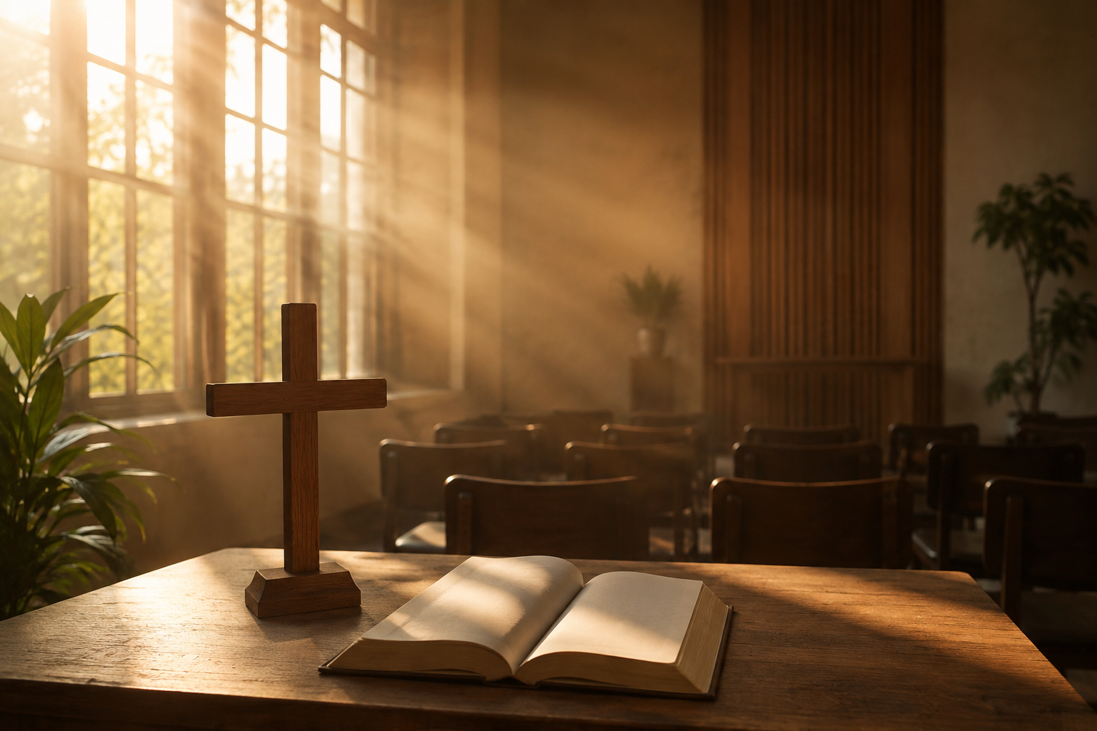 A warm worship room with sunlight and a small wooden cross