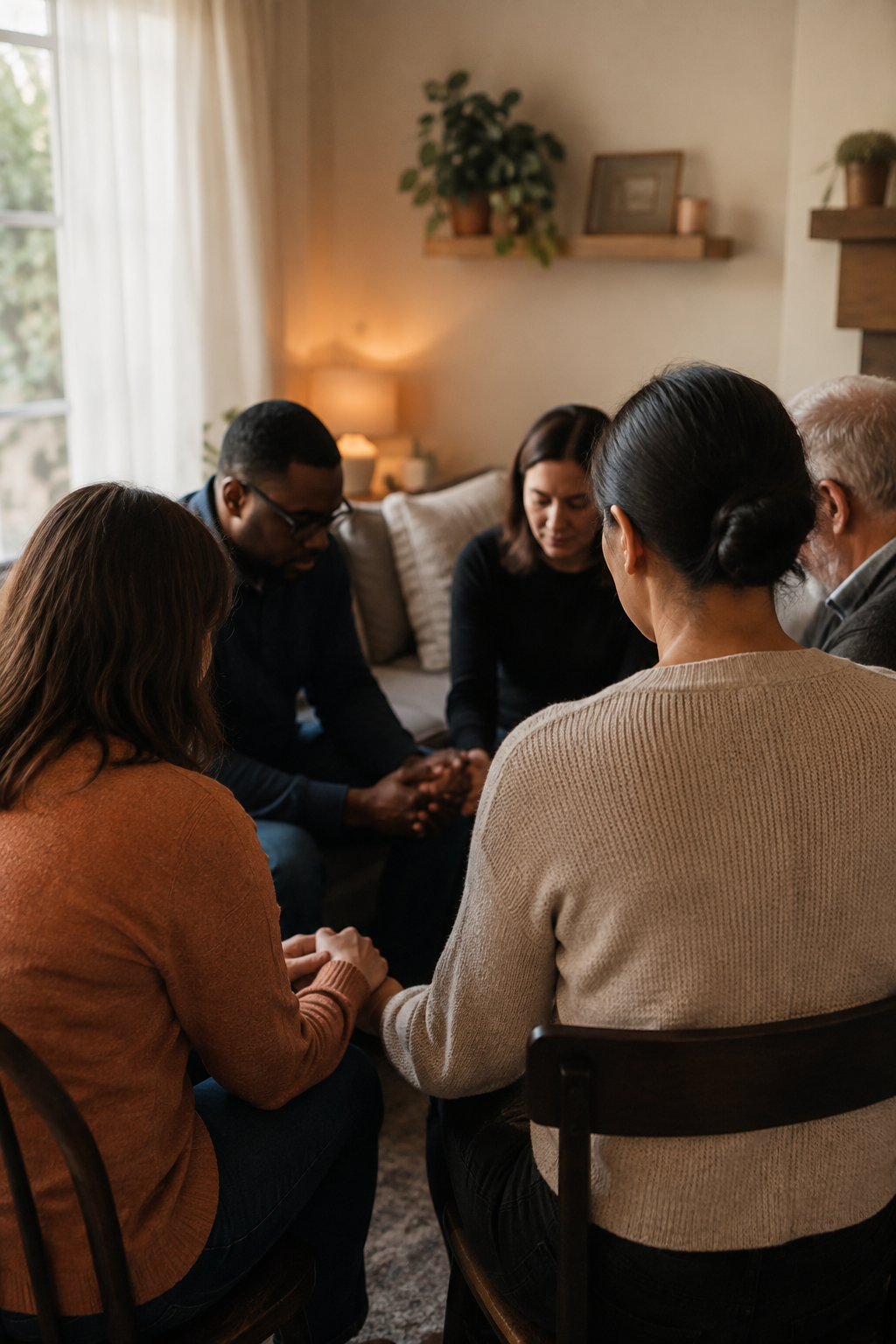 Adults sharing a quiet prayerful conversation in a living room
