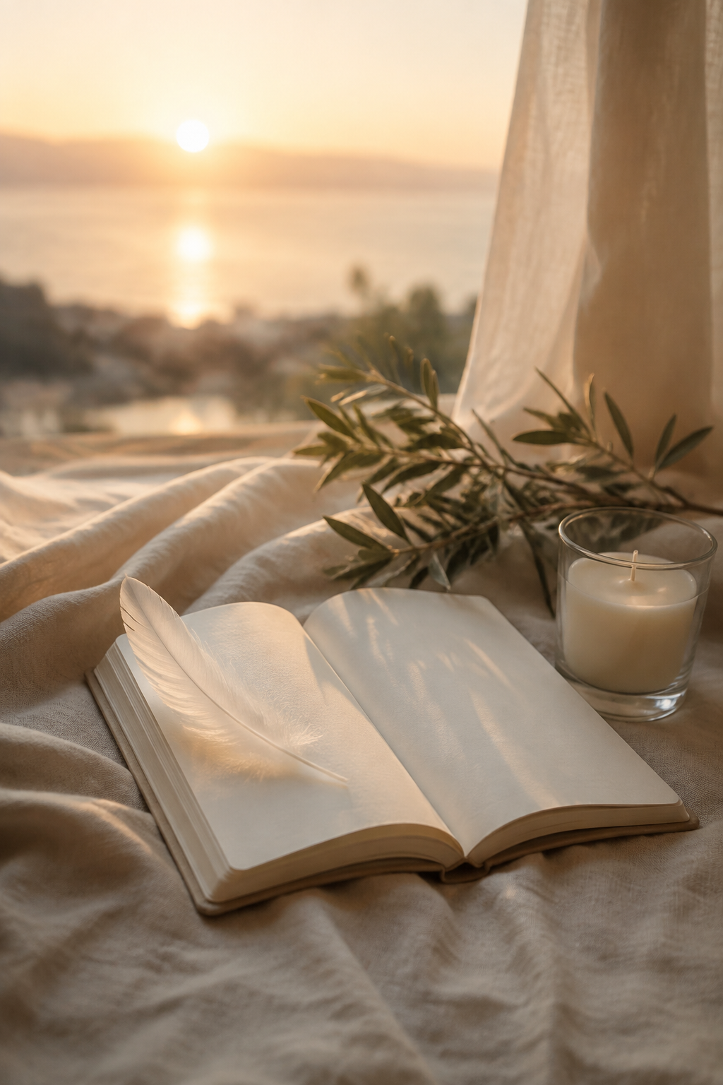 A dove feather, candle and olive branch on cream linen